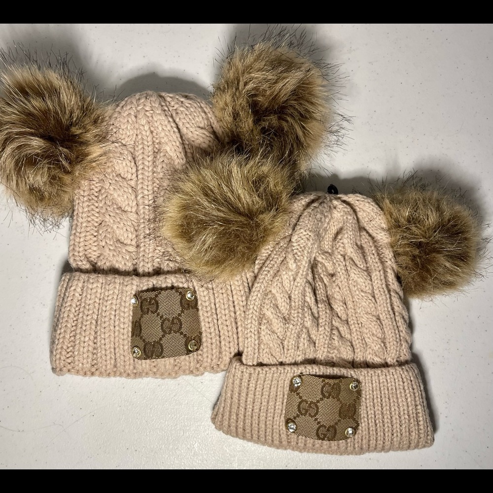 Mommy & Me Double Pom Pom Luxury Beanie Set